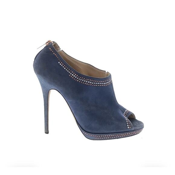 Jimmy Choo Blue Suede Silver Bronze Studded Peep Toe Booties Size EU 40 - Picture 4 of 11